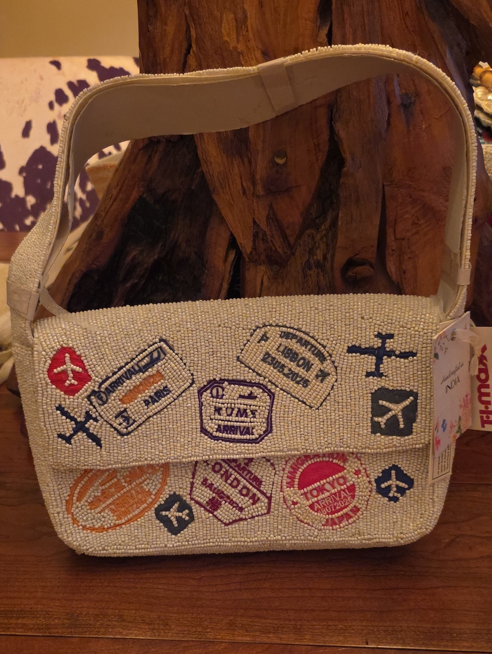 Beaded Passport Patch Shoulder Bag - Cream